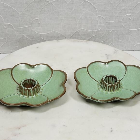 VTG Frankoma Dogwood Blossom Candlestick Holders 5" Green‎ Tapered Candle 300 - Picture 9 of 16